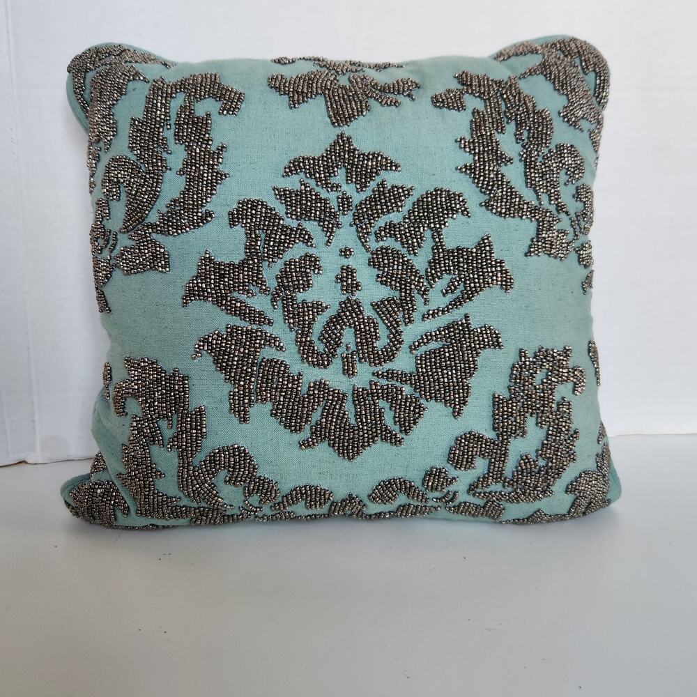 Vintage Decorative Metallic Silver Beaded Teal Blue Accent Pillow 12"x12"